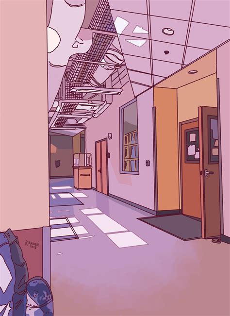 an illustration of a hallway with backpacks and bookshelves hanging from the ceiling