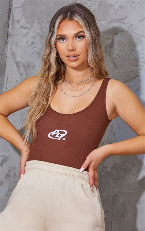 Plt Chocolate Rib Circle Logo Bodysuit | Tops | PrettyLittleThing