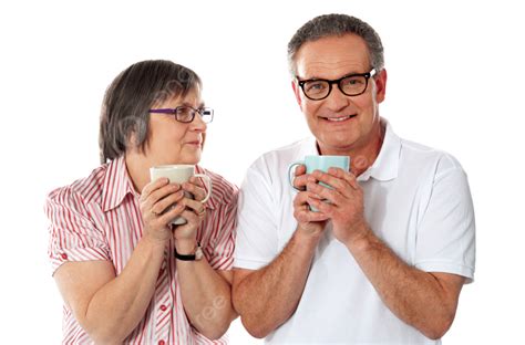 Romantic Senior Couple Holding Coffee Mugs Lovers, Smart, Adult, Lady ...