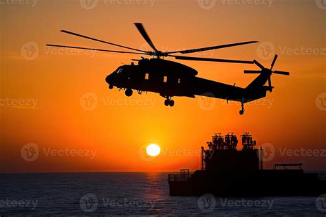 Search and rescue operation in sea. Emergency rescue helicopter flies ...