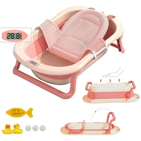 Collapsible Baby Bath Tub with Cushion & Thermometer Portable Travel ...