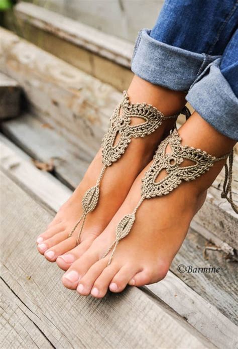 Crochet Barefoot Sandals, Lace Shoes, Foot Accessory for Women, Tan ...