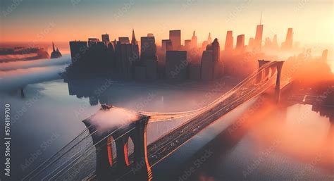 Brooklyn bridge on sunrise in fog, aerial view. Brooklyn Bridge in New ...