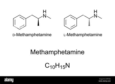 Methamphetamine, chemical structure. Stimulant and recreational drug, existing in two ...