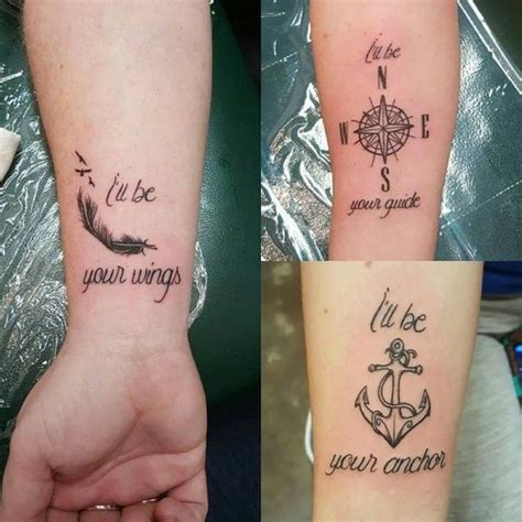 side by side photos, feather compass and anchor, forearm tattoos, small ...