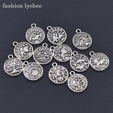 fashion lychee 12pcs Antique Silver Twelve Astrology Charms Zodiac Star Sign Round Pendant For ...