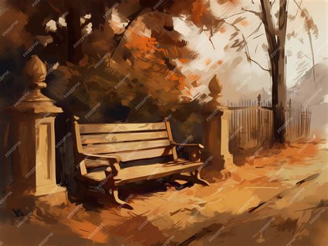 Premium AI Image | A painting of a bench in a park with a tree in the ...