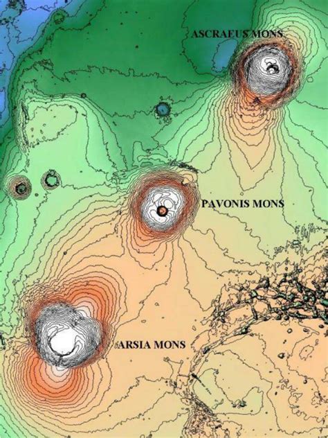 The Tharsis Montes: Arsia, Pavonis and Ascraeus Mons. Contour interval ...