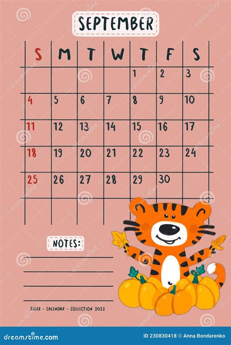 Planner Calendar for September 2022. a Cute Tiger Cub Sits in Pumpkins Stock Vector ...
