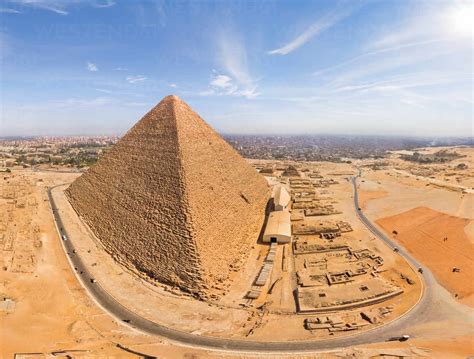 Panoramic aerial view of the Great Pyramids of Giza in Egypt stock photo