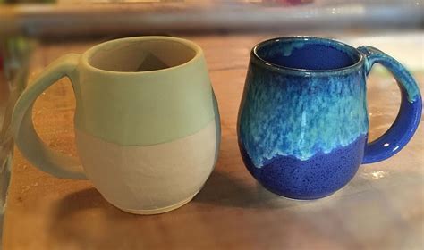 Before and after the glaze firing. The mug on the left is glazed exactly the same as the mug on ...
