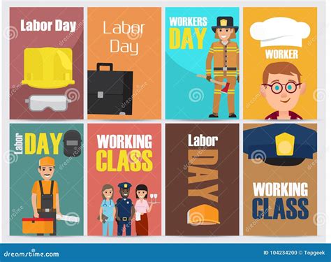 Labor Day Bright Promotion Posters Collection Stock Vector - Illustration of firefighter, helmet ...