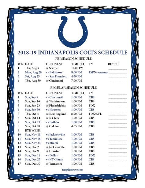 Printable 2018-2019 Indianapolis Colts Schedule