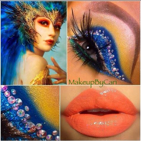 Fairy inspired deep blue eye shadow enhanced with sparkling gems and a pretty coral lip by ...