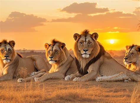 Premium AI Image | A pride of lions lounging in the golden light of the setting sun on World ...