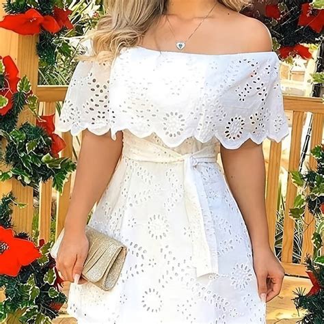 Elegant Off Shoulder Belted Dress Short Sleeve Tie Waist Summer Mini ...