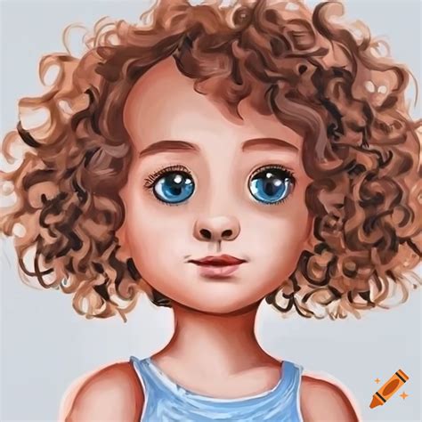 Black and white outline drawing of a girl with blue eyes and curly brown hair on Craiyon