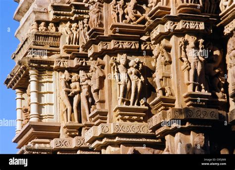 Stone carvings depicting scenes from the Kamasutra, Khajuraho temples, Khajuraho, Madhya Pradesh ...