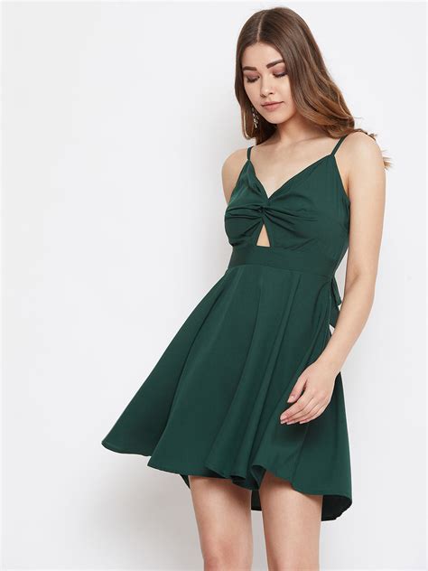 Women Solid Dark Green Front Twisted Fit & Flare Mini Dress - Berrylush