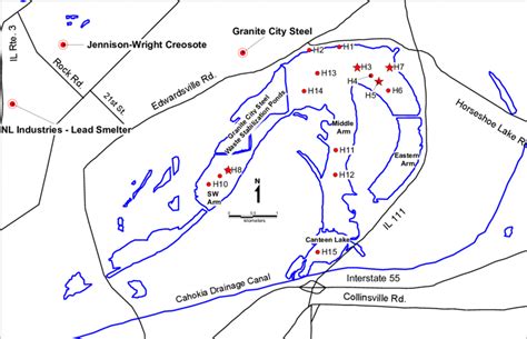 Map of Horseshoe Lake showing major industries. Core sites are shown... | Download Scientific ...