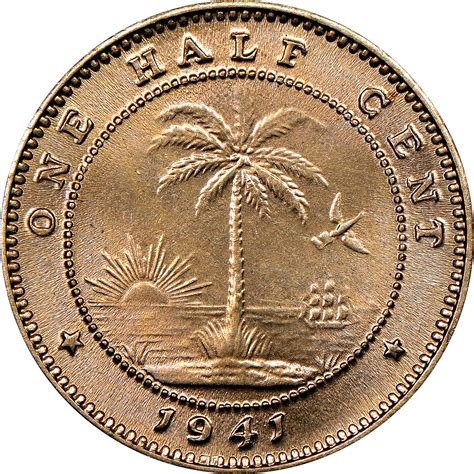 Coins: World 1941 Republic of Liberia One Half Cent 1/2 Elephant Palm ...