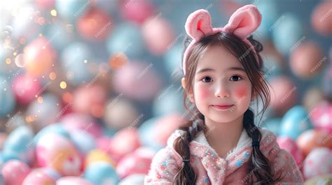 Premium Photo | Cute Asian little girl in bunny ears with Easter eggs on Easter background ...