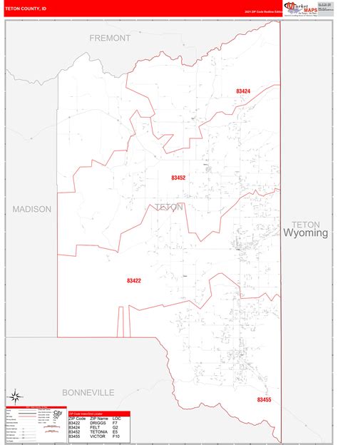 Teton County, ID Zip Code Wall Map Red Line Style by MarketMAPS - MapSales.com