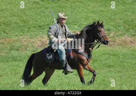 Union cavalry soldiers at the reenactment of the 1862 American Civil War Battle of Richmond ...