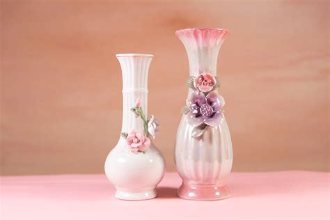 2 Vintage Ceramic Vases with Hand Sculpted Pink and Purple Flowers - Cottagecore Art Deco Decor