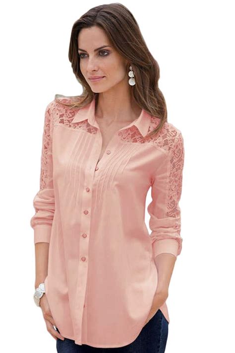 Sexy Pink Lace Splice Long Sleeve Button Down Shirt Available in: S,M,L,XL,XXL Color: Pink ...