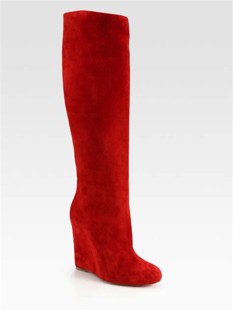 Christian louboutin Suede Wedge Kneehigh Boots in Red | Lyst