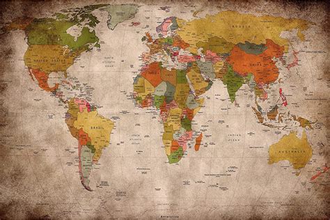 GREAT ART® XXL plakat | 140x100 cm | Retro mapa świata | Mural używany wygląd dekoracja kula ...