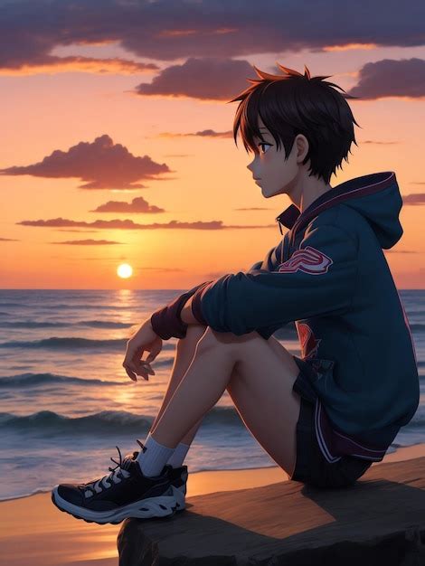 Premium AI Image | Artistic image of Boy anime on the beach watching sunset