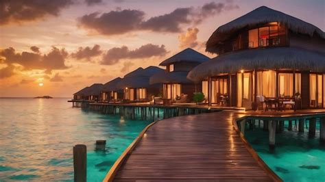 Premium AI Image | Sunset on maldives island water villas resort