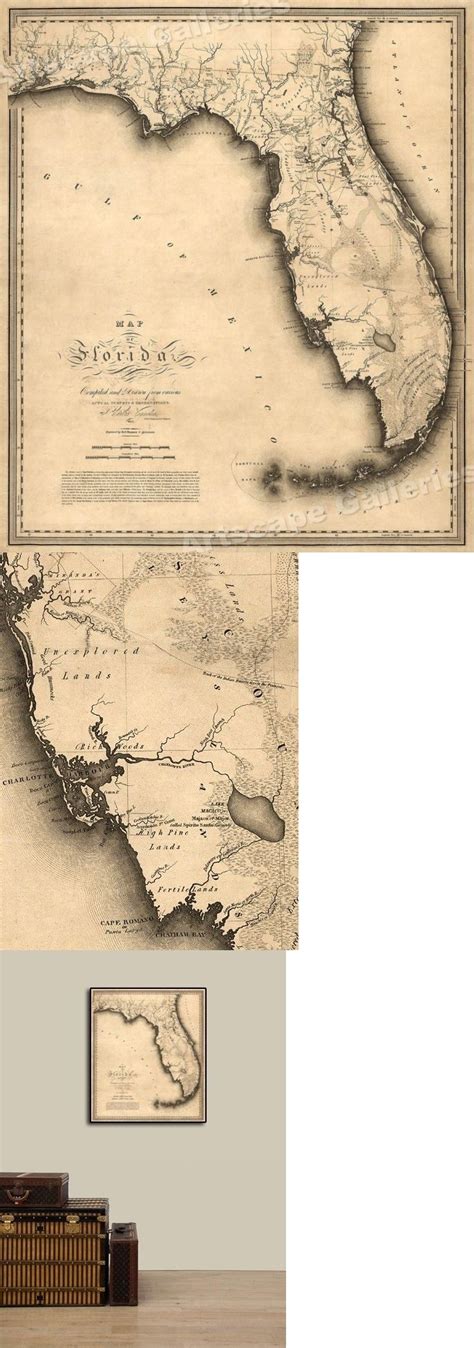 1823 Map of Florida by Charles Vignoles - 24x28 | eBay | Map of florida, North america map, Map