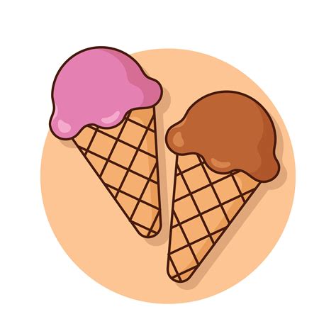 Cute ice cream scoop cartoon icon vector. Strawberry and chocolate scoops in waffle cone ...