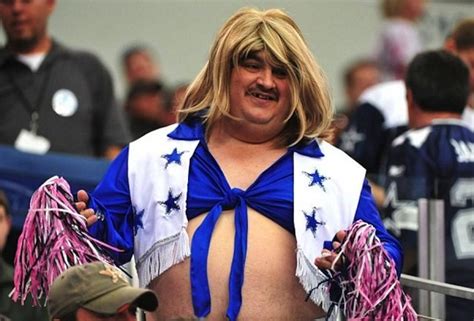 A large man in a Cowboys cheerleader uniform