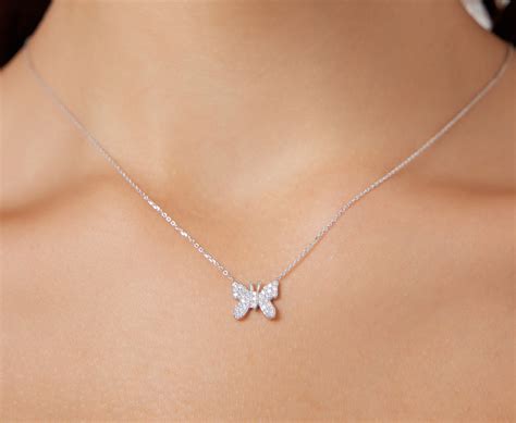 Diamond Butterfly Necklace, 14K Solid White Gold Diamond Butterfly Necklace, Natural Diamond ...