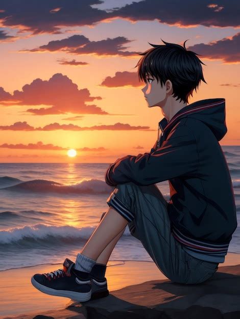 Premium AI Image | Artistic image of Boy anime on the beach watching sunset