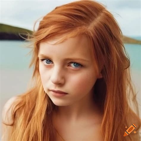 Girl with auburn hair and lavender eyes at the beach