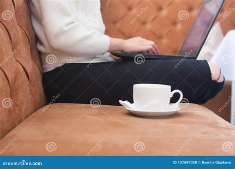 Girl with a Laptop and a Cup of Coffee Stock Photo - Image of pretty ...