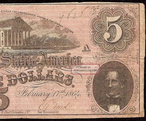 1864 $5 Dollar Bill Confederate States Currency Civil War Note Old ...