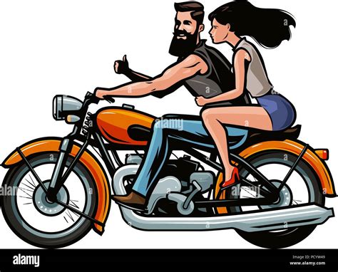 Biker with girl riding a retro motorcycle. Cartoon vector illustration Stock Vector Image & Art ...