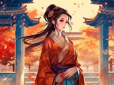 Premium Photo | Anime girl in a kimono outfit standing in front of a gaze generative ai
