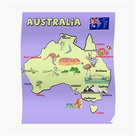 "Australia Map with major cities, flag, landmarks and tourist ...