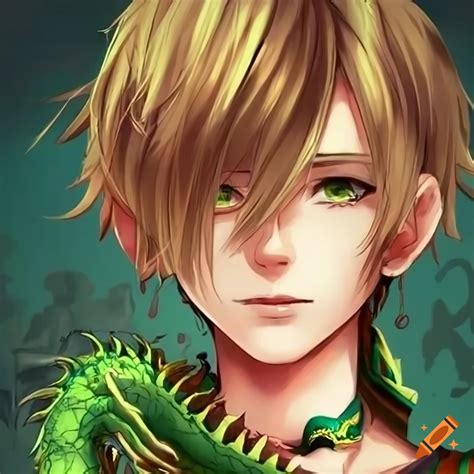 Anime boy with dual hair colors and a green dragon on Craiyon