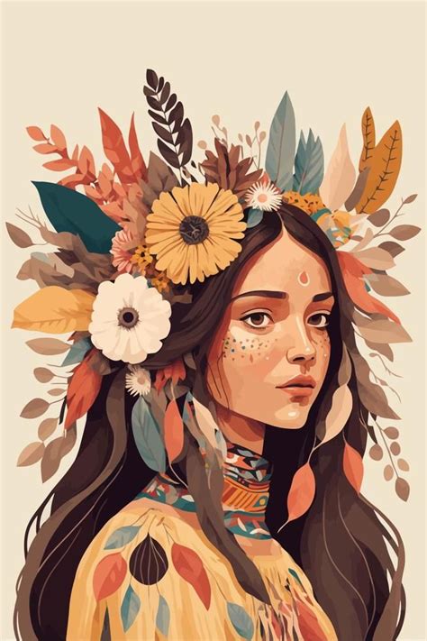 boho indian tribal girl portrait with feathers in hair and wearing traditional poncho Art And ...