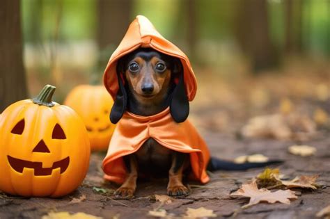 Premium AI Image | Dachshund in a pumpkin costume for Halloween outside