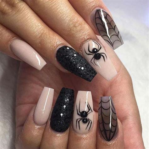 Black Halloween Press On Nails Long With Spider Web Designs, Full Cover ...