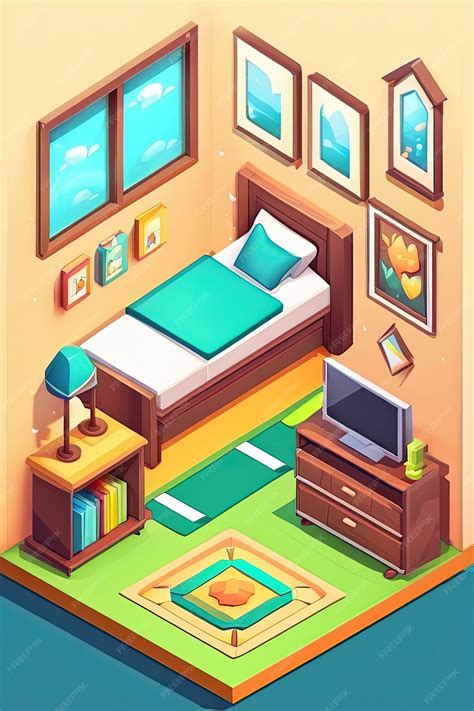 Premium Photo | A cartoon of a bedroom with a bed and a book on the floor.
